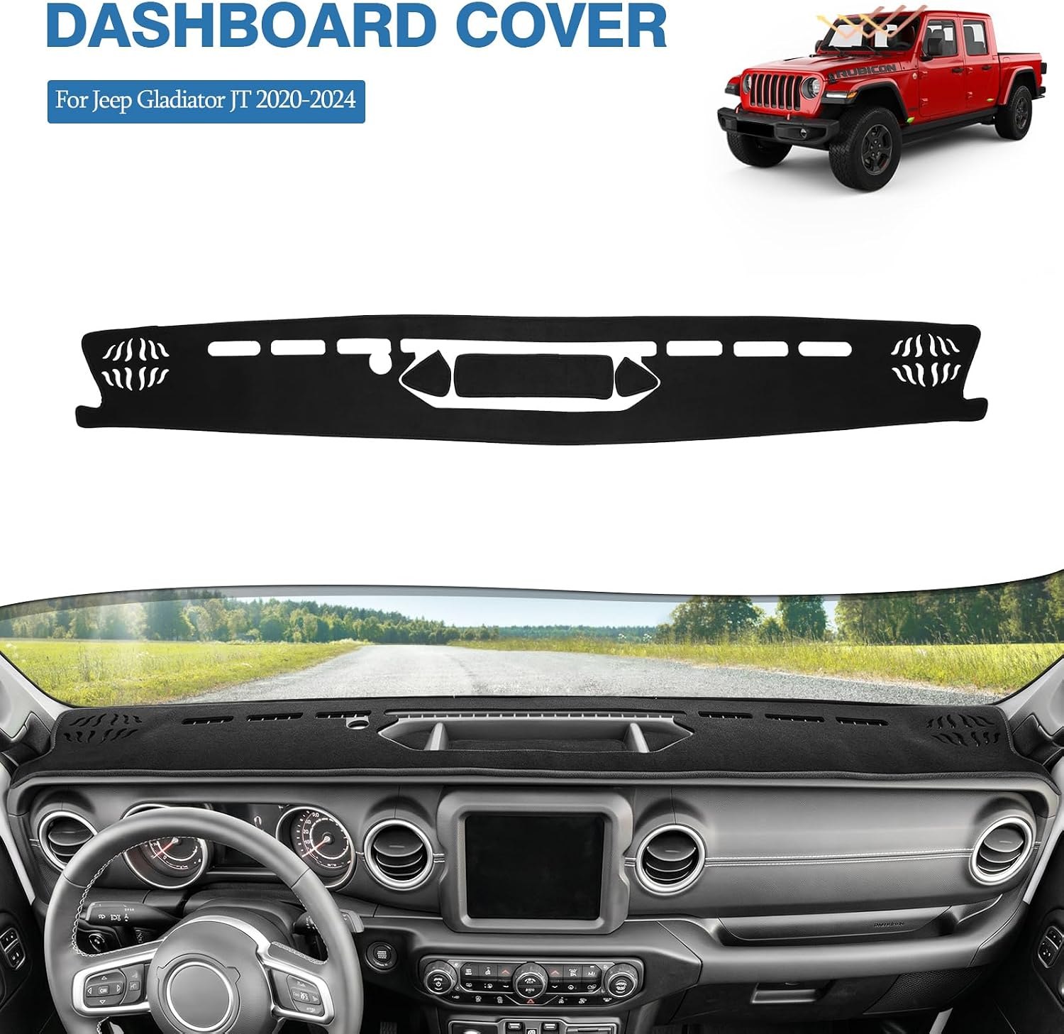 FIILINES Dash Cover for 2020-2024 Jeep Gladiator JT, Dashboard Mat Exact Fit for Gladiator Interior Accessories Dashboard Pad Carpet Dash Mat Sunshade Non-Slip Polyester Protector No Glare Black