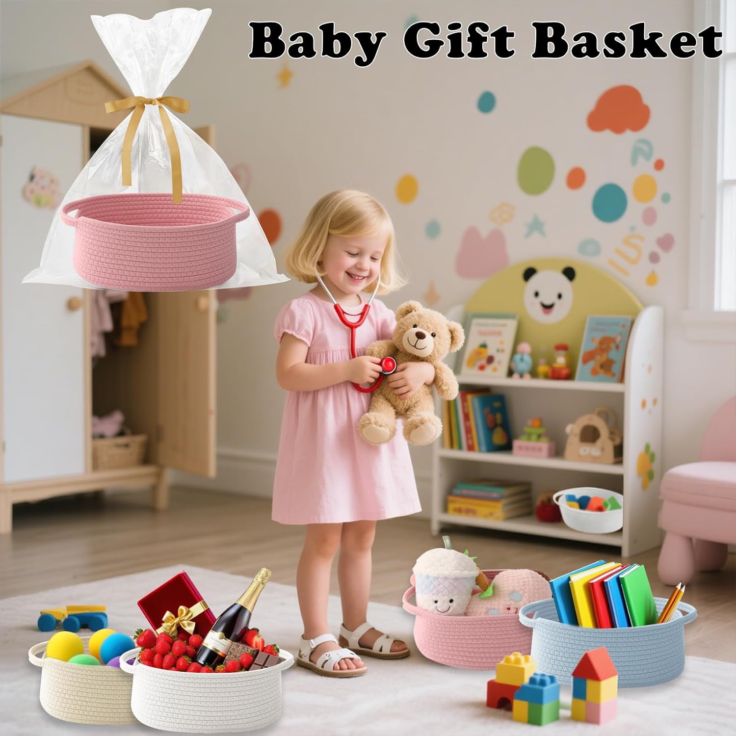 Pink Woven Rope Basket - Baby Gift Basket with Bag & Ribbon