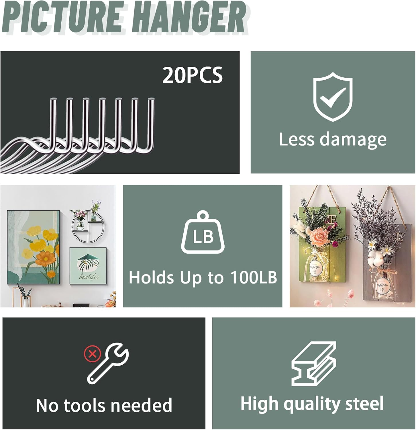 FURHUA 20pcs Super Hook Picture Hangers and Office Pack, Drywall Hooks for Hanging Pictures, Wall Hooks, Picture Hangers, Picture Hanging Kit，Hang Art, Clock, Shelves, Mirrors