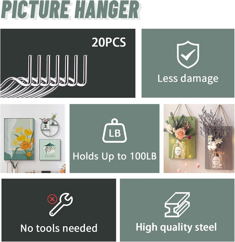 FURHUA 20pcs Super Hook Picture Hangers and Office Pack, Drywall Hooks for Hanging Pictures, Wall Hooks, Picture Hangers, Picture Hanging Kit，Hang Art, Clock, Shelves, Mirrors