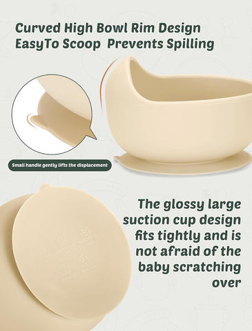 24 PCS Silicone Baby Feeding Set, Baby Led Weaning Supplies Includes Suction Bowls and Divided Plates, Adjustable Silicone Bib, Spoons&forks, Training cup with straw (Green+Brown+Beige)