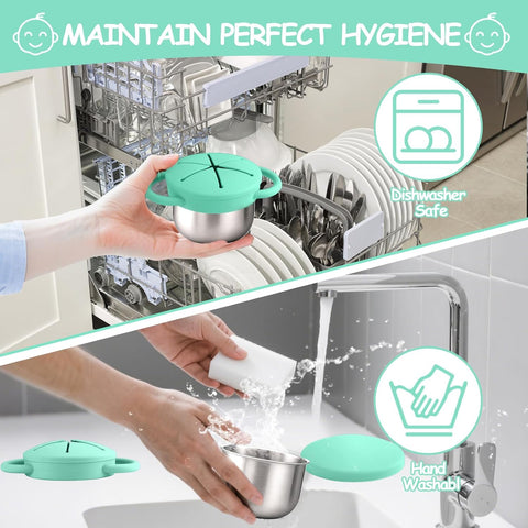 Mity rain Stainless Steel Snack Containers for Toddlers with Spill-Proof Silicone Lids Handles - 3-in-1 Baby Snack Cups, No-Spill Toddler Snack Box (Green, One piece set)