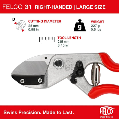 Felco F31 Pruning Shears – 8.3" Garden Clippers with Anvil Blade for Dry & Hard Wood | Hand Pruner for Gardening | Garden Tool Cutter with Aluminum Handle, Alloy Steel Blade, High-Torque Cutting Power