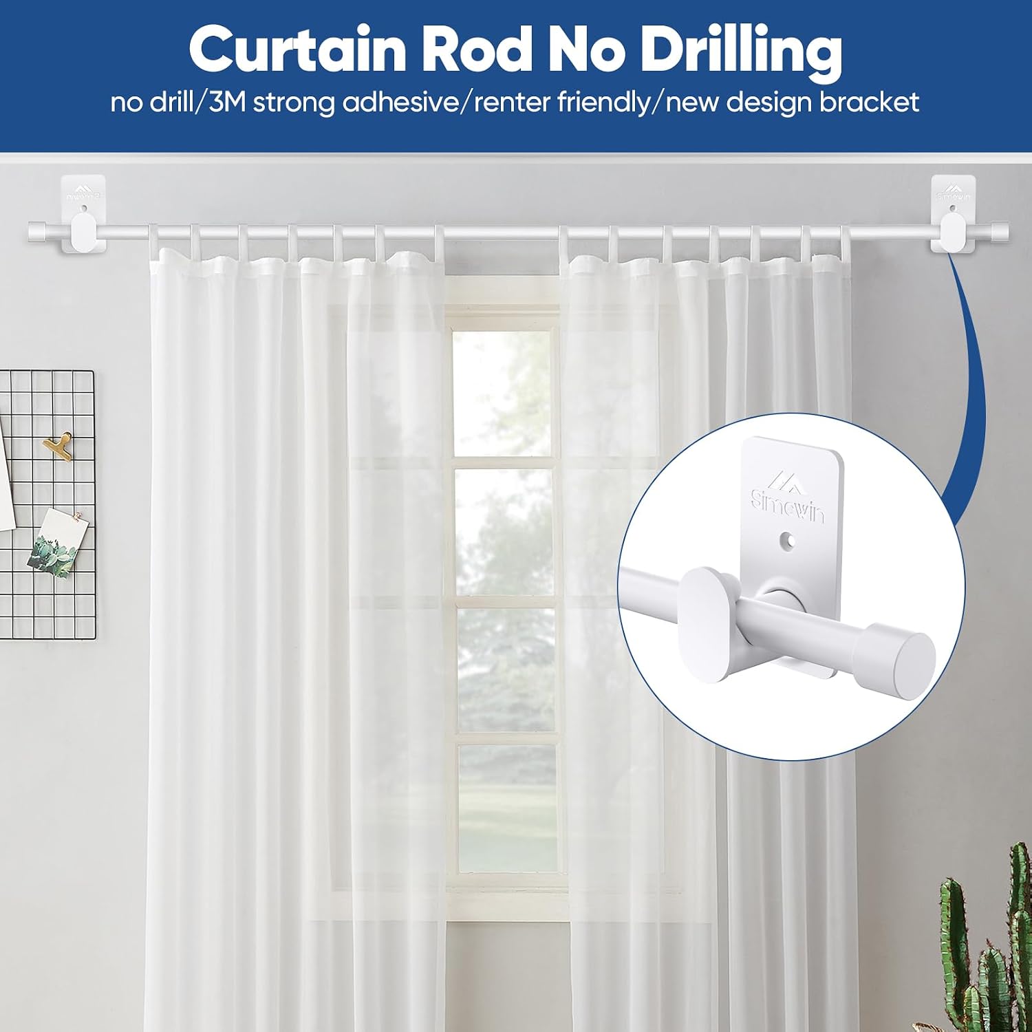 SIMEWIN Curtain Rods No Drilling for Windows 30 to 90 Inches, 5/8 Inch Diameter No Drill Small Curtain Rod Set with 3M Adhesive Brackets, White