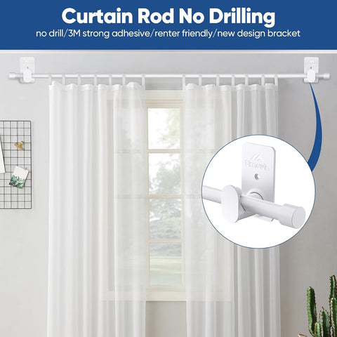 SIMEWIN Curtain Rods No Drilling for Windows 30 to 90 Inches, 5/8 Inch Diameter No Drill Small Curtain Rod Set with 3M Adhesive Brackets, White