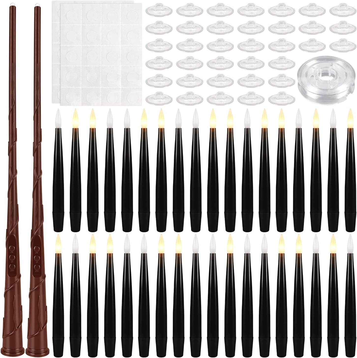 Enpornk 36 Pcs Black LED Magic Hanging Floating Candles, Taper Flickering Flameless with 2 Magic Wands - Candle Set for Halloween, Party