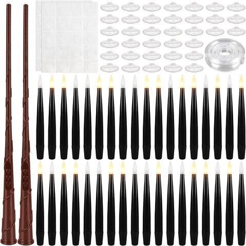 Enpornk 36 Pcs Black LED Magic Hanging Floating Candles, Taper Flickering Flameless with 2 Magic Wands - Candle Set for Halloween, Party