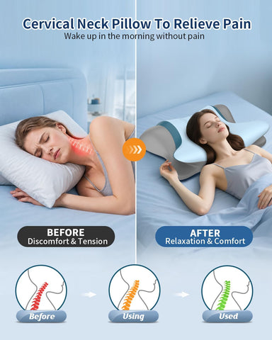 Cervical Pillow for Neck Pain Relief, Ergonomic Neck Pillow for Sleeping, Orthopedic Side Sleeper Pillow for Neck Support, Cooling Memory Foam Pillows Contour Pillow for Back Stomach Sleepers (Blue)