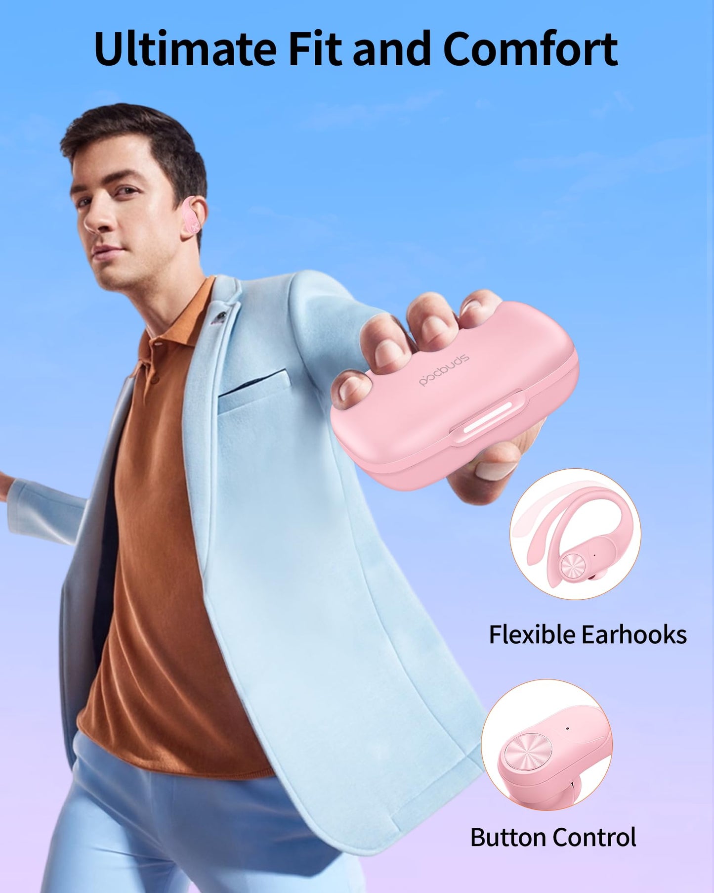 Bluetooth Headphones Wireless Earbuds 80hrs Playtime Wireless Charging Case Digital Display Sports Ear buds with Earhook Premium Deep Bass IPX7 Waterproof Over-Ear Earphones for TV Phone Laptop Pink