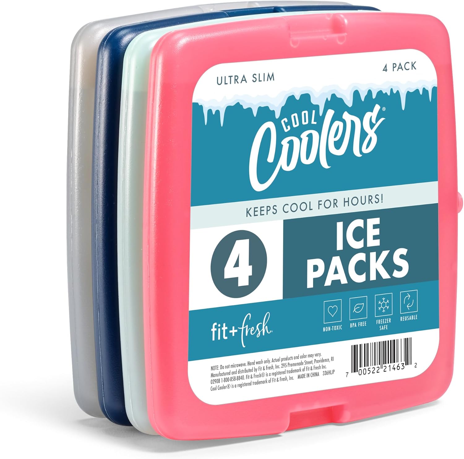 Cool Coolers by Fit & Fresh Slim Ice Packs, Quick Freeze Reusable Ice Packs for Lunch Boxes & Coolers, Long-Lasting, Space Saving Lunch Ice Packs, Blue, 4Pk