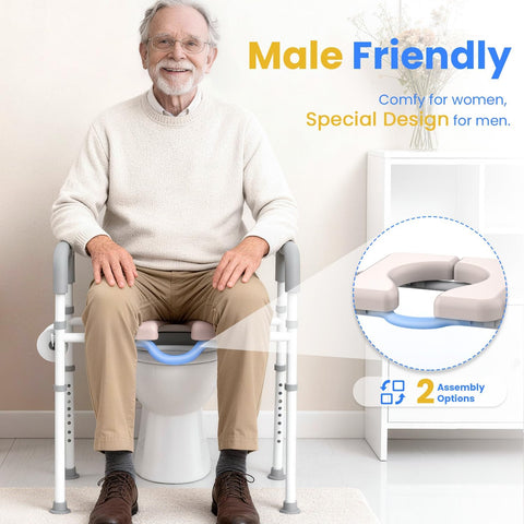 Male-Friendly Width & Height Adjustable Raised Toilet Seat With handles