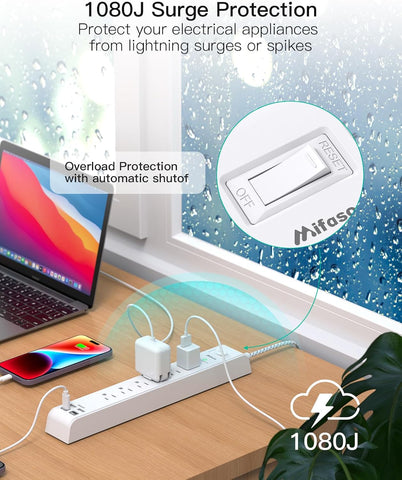 Mifaso 2 Pack Power Strip, 12FT Long Extension Cord, 1080J Surge Protector
