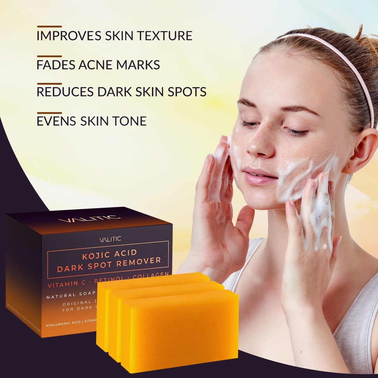 Valitic Unisex Dark Spot Corrector Bar, 100g - Exfoliating, SLS and Paraben-Free Turmeric Soap for Skin Tone Correction, Vitamin C, Retinol and Collagen Blend