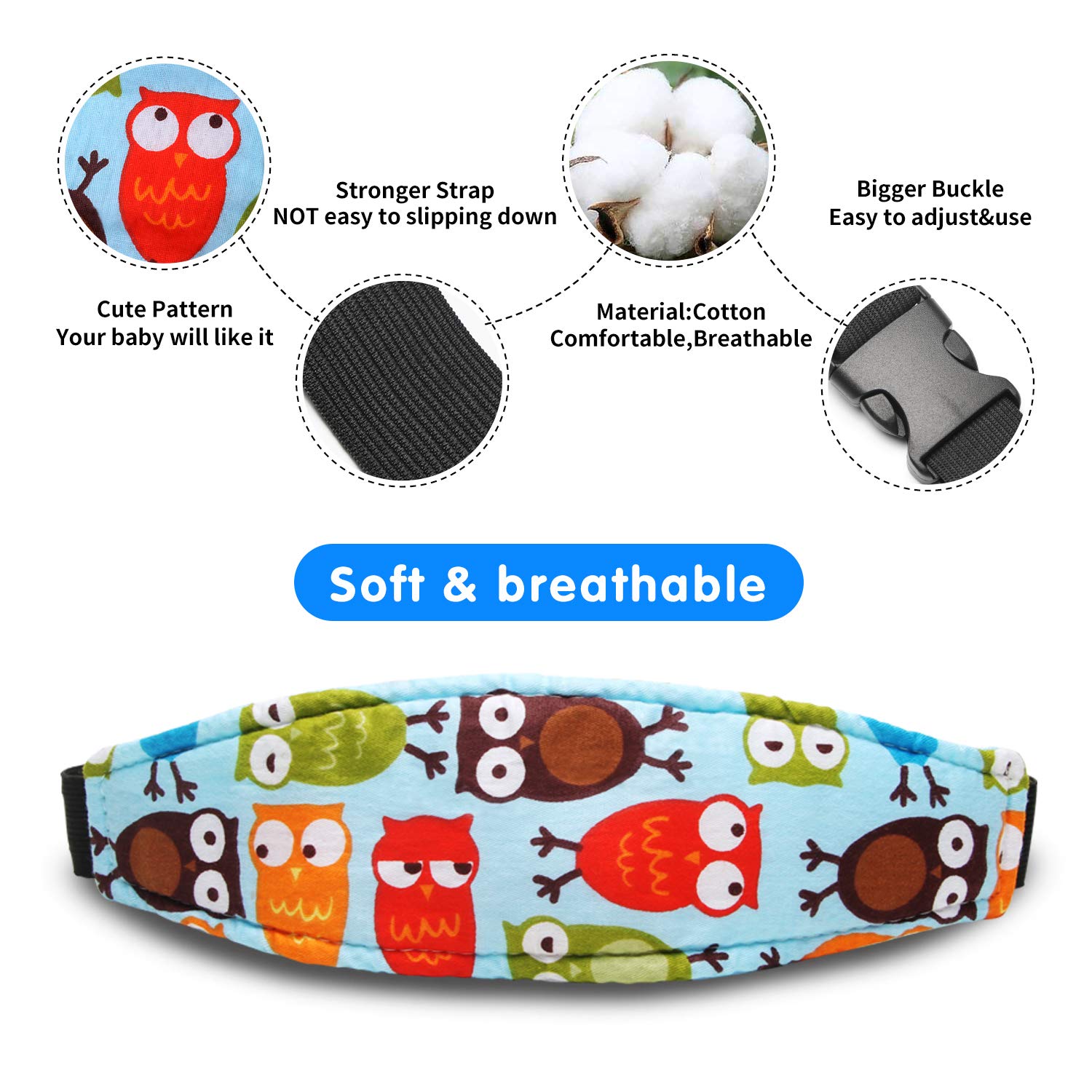 Baby Carseat Head Support,Car seat Straps Pillow Support Ban,Stroller Neck Relief Strap Headrest,Slumber Sling Sleep Positioner for Toddler Infants Child Children Kids（Blue Elephant + Owl）
