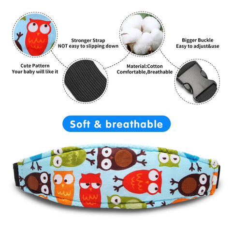 Baby Carseat Head Support,Car seat Straps Pillow Support Ban,Stroller Neck Relief Strap Headrest,Slumber Sling Sleep Positioner for Toddler Infants Child Children Kids（Blue Elephant + Owl）