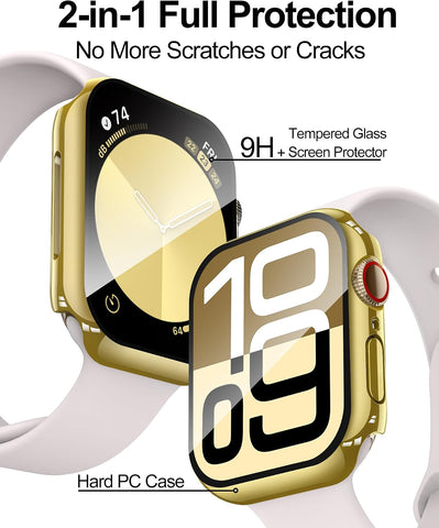Smiling 2 Pack Case Compatible with Apple Watch Series 11 (2025)/Series 10 46mm with Tempered Glass Screen Protector, Hard PC Case Scratch-Resistant Overall Protective Cover- Gold