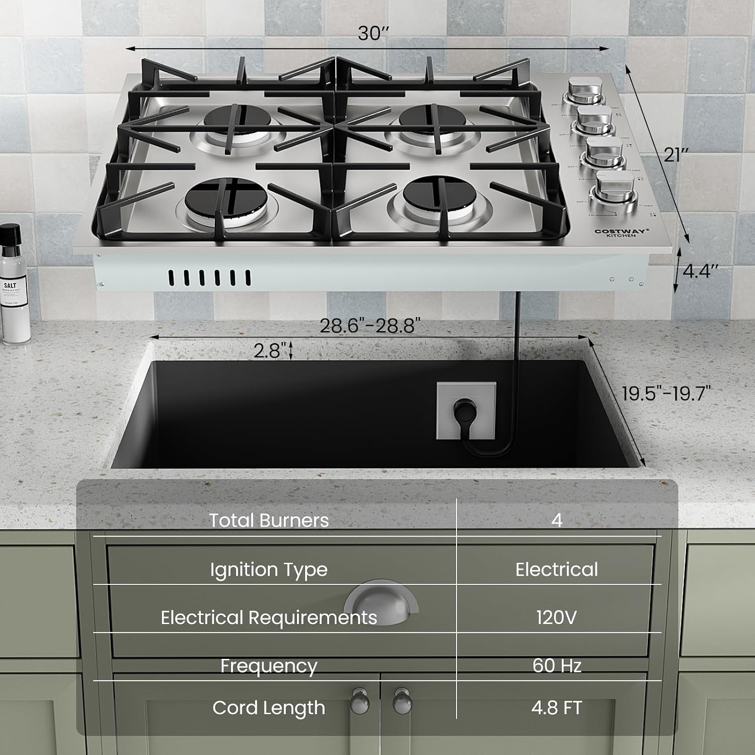 COSTWAY 30-inch Gas Cooktop, Stainless Steel Stove Top with 4 Burners, ABS Knobs and Cast Iron Grates, NG/LP G Convertible Gas Range Top with Sealed Burners for Kitchen, Easy to Clean, Silver