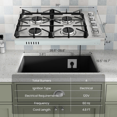 COSTWAY 30-inch Gas Cooktop, Stainless Steel Stove Top with 4 Burners, ABS Knobs and Cast Iron Grates, NG/LP G Convertible Gas Range Top with Sealed Burners for Kitchen, Easy to Clean, Silver