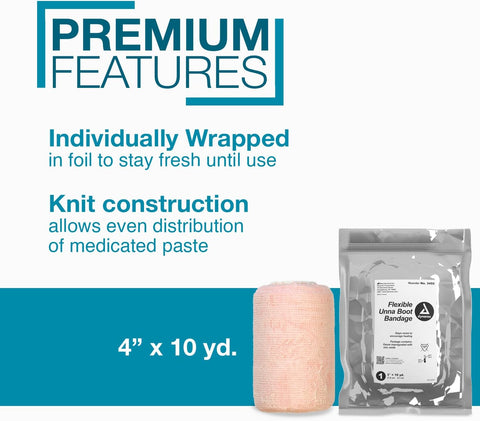 Dynarex Dürma+ Unna Boot Bandages with Zinc Oxide and Calamine - Provides Compression with Soothing Formula for Leg Ulcers, Edema, Sprains - 4" x 10 yds - Case of 12 Rolls