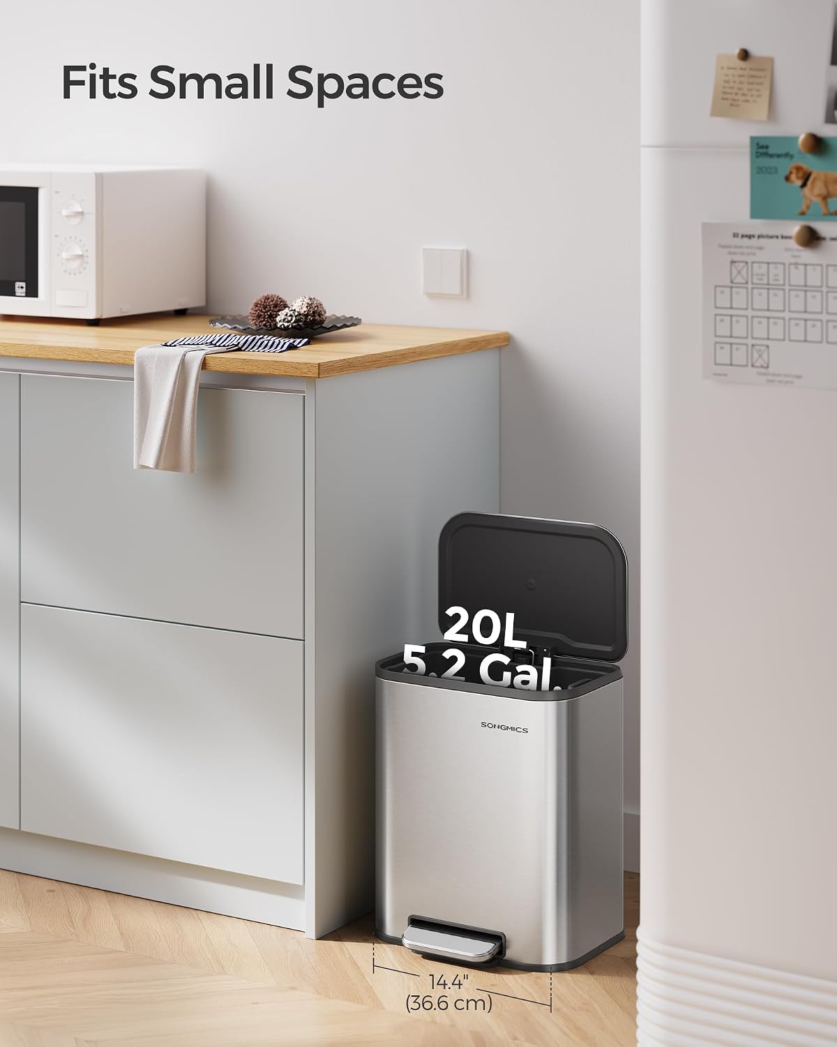 SONGMICS Kitchen Trash Can, 5.3-Gallon (20 L), Stainless Steel, Soft Close