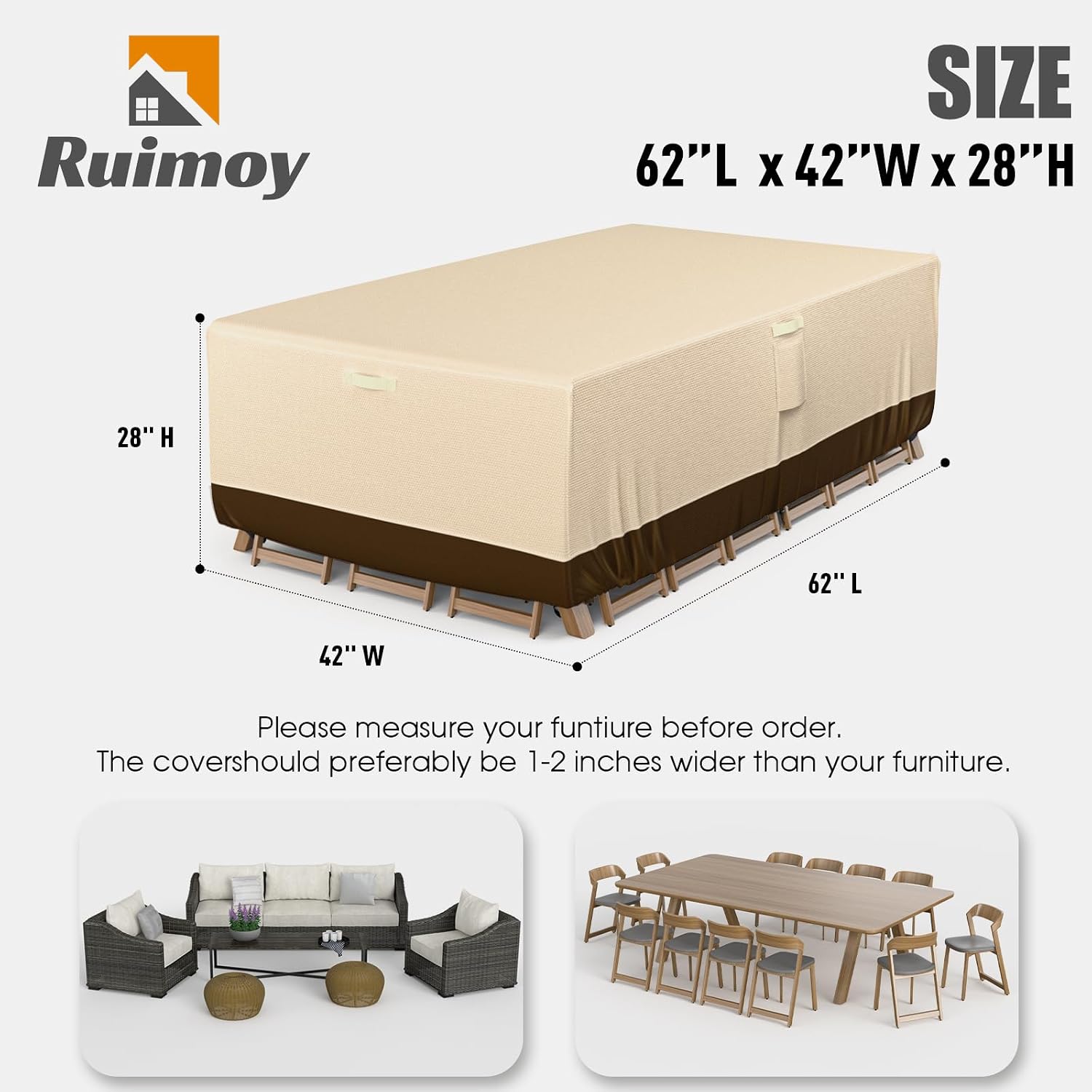 Patio Furniture Covers, Outdoor Furniture Cover Waterproof, General Purpose, Outside Table and Chair Covers, Heavy Duty 600D (62 Inch L x 42 Inch W x 28 Inch H)-Brown