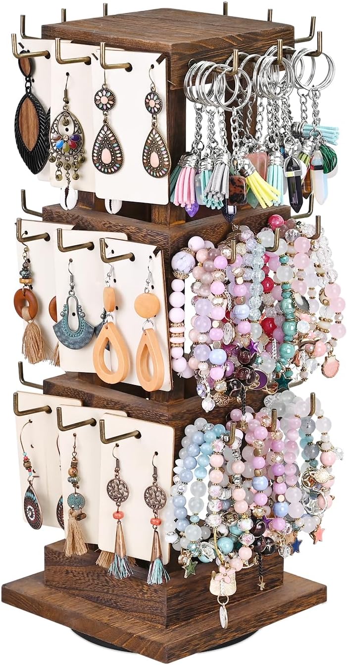 Ikee Design 36 Hooks Wood Rotating Jewelry Keychain Holder Display Stand