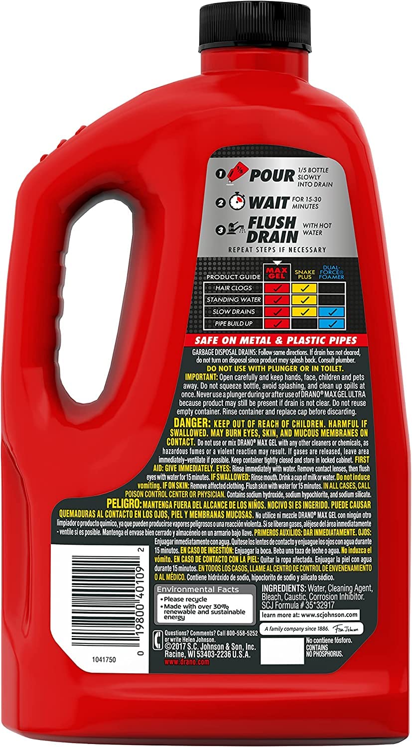 Drano Max Gel Drain Clog Remover and Cleaner for Shower or Sink Drains, Unclogs and Removes Hair, Soap Scum and Blockages, 80 Oz