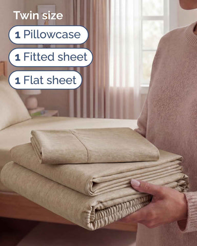 Twin Size 3 Piece Sheet Set - Breathable & Cooling Sheets - Heathered Beige