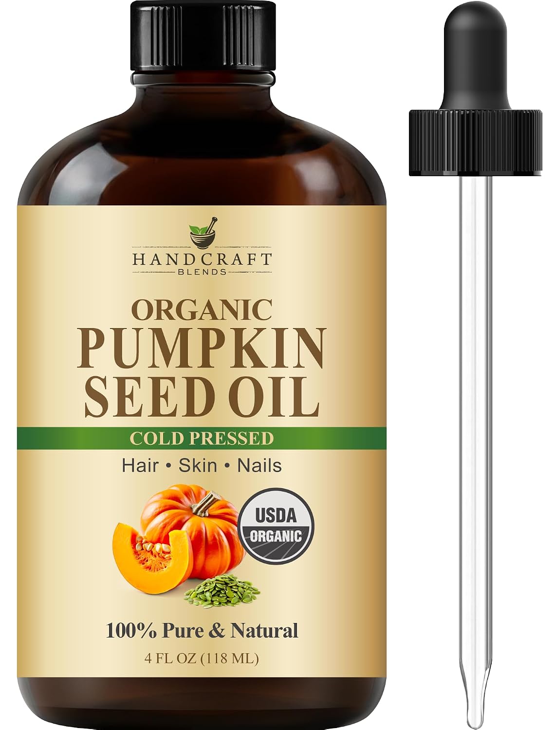 Handcraft Blends Cold-Pressed Organic Pumpkin Seed Oil in Glass Bottle - 4 Fl Oz - 100% Pure and Natural - Premium Grade Carrier Oil for Hair, Skin, Nails - Ayurvedic Skin Care