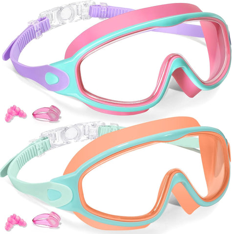 Keary 2 Pack Kids Swim Goggles Wide View Anti-Fog & UV Girls Boys 3-15