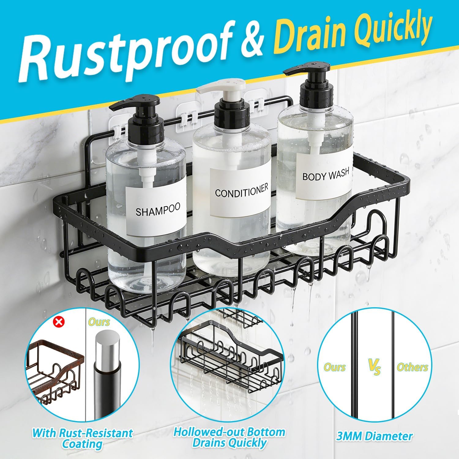 Fammart Adhesive Shower Caddy, 5-Pack Rustproof Stainless Steel Bathroom Organizer with 28 Hooks, No-Drill Large Capacity Shower Shelves for Bathroom Storage & Home Décor, Black