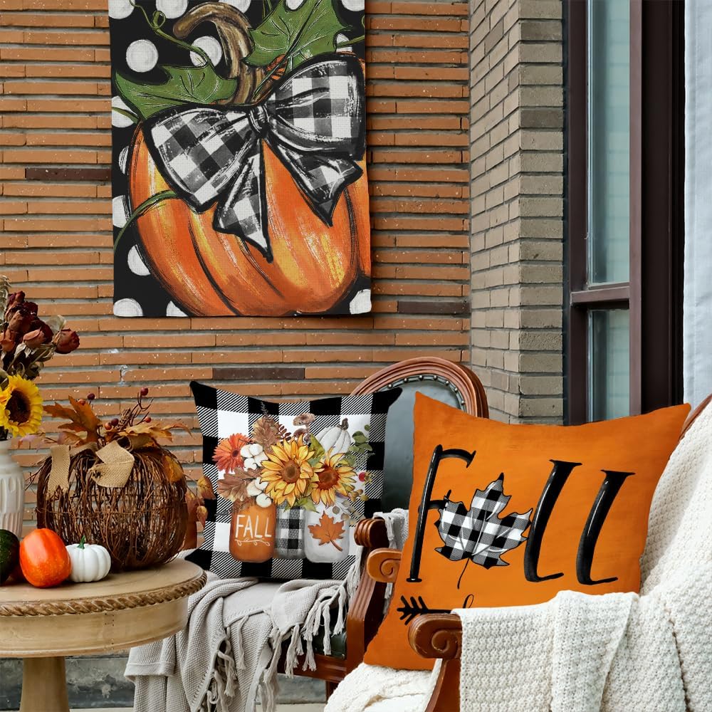 GEEORY Fall Hello Pumpkin Throw Pillow Covers 18x18 Inch Set of 4, Mason Jars Harvest Buffalo Plaid Autumn Decorative Farmhouse Holiday Cushion Cases for Home Decoration (Orange) G536-18