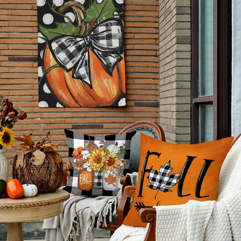 GEEORY Fall Hello Pumpkin Throw Pillow Covers 18x18 Inch Set of 4, Mason Jars Harvest Buffalo Plaid Autumn Decorative Farmhouse Holiday Cushion Cases for Home Decoration (Orange) G536-18