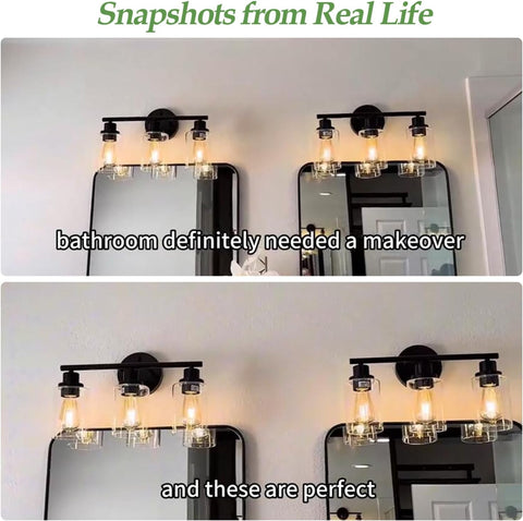 Zarbitta 3-Light Bathroom Light Fixtures, 17.23" Black Modern Vanity Lights with Clear Glass Shade, Bathroom Wall Lamp for Mirror Kitchen Living Room Hallway Cabinet Porch