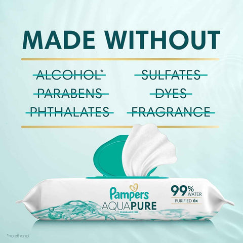 Pampers Aqua Pure Baby Wipes, 99% Water, Fragrance Free, Unscented, Water Based, Multi-Use, 336 Wipes Total (6X Flip-Top Packs) [Packaging May Vary]