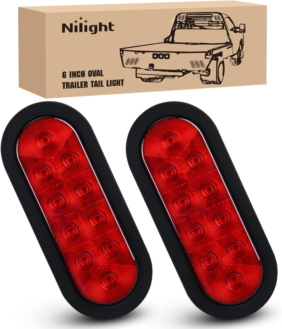 Nilight 6" Oval LED Trailer Tail Lights,Red, 2 Pack, Grommets Mount