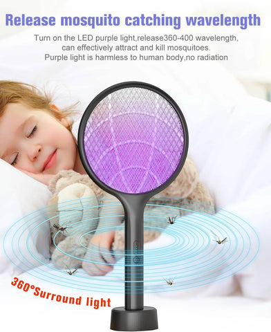 2Pack Electric Fly Swatter,4000V Bug Zapper Racket with 1500mah Battery Rechargeable,2 in 1 Fly Zapper & Purple Mosquito Killer Lamp with 3 Layers of Safety Net Suitable for Indoor and Outdoor Black