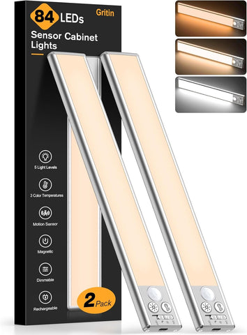 Gritin 10.2inch Under Cabinet Lighting Rechargeable 2 Pack