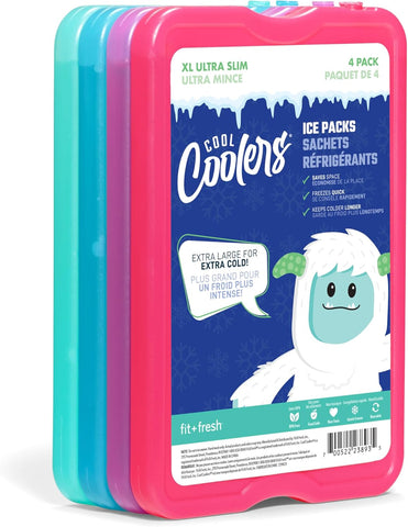 Cool Coolers by Fit & Fresh 4 Pack XL Slim Ice Packs, Quick Freeze Space Saving Reusable Ice Packs for Lunch Boxes or Coolers