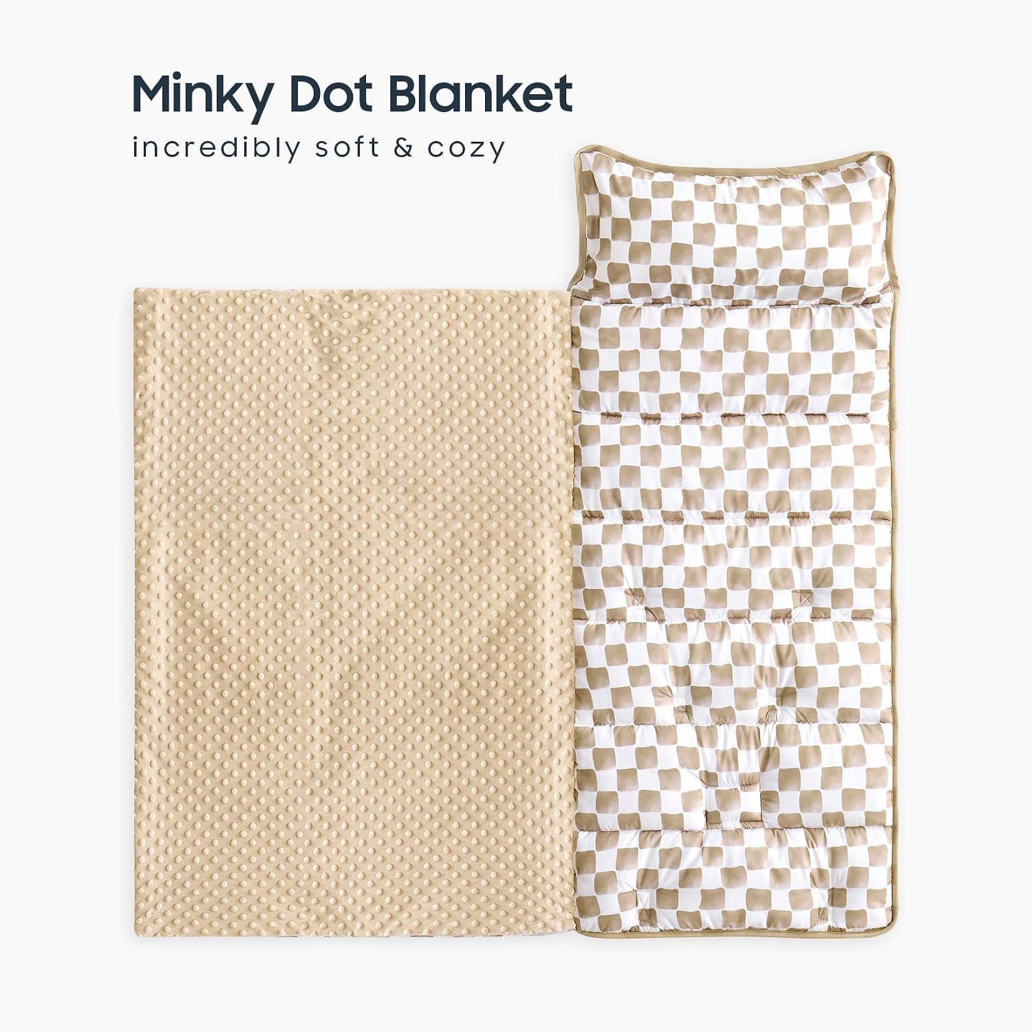 Wake In Cloud - Toddler Nap Mat with Pillow and Minky Fleece Blanket, for Kids Boys Girls Ages 3 Plus in Daycare Preschool, Roll Up Sleeping Bag, Gingham Grid Checkered, Brown White, Standard