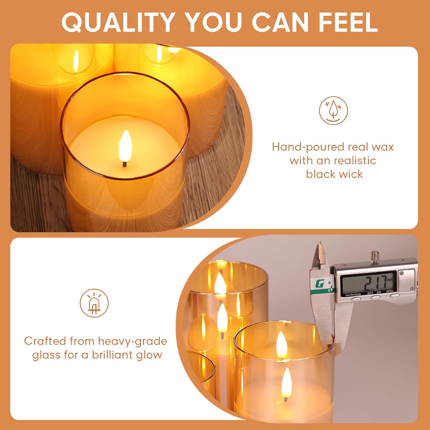 Eywamage Gold Glass Flameless Pillar Candles with Remote, Flickering Fall LED Candles Battery Operated Set of 3