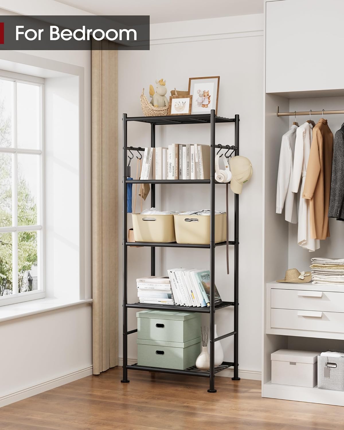 Sakugi 5-Tier Storage Rack Organizer with Hooks, Heavy Duty Metal Garage Rack with Leveling Feet, Freestanding Utility Rack for Bedroom, Balcony and Garage, 18.1"×12.4"×56.8", Black