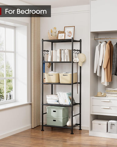 Sakugi 5-Tier Storage Rack Organizer with Hooks, Heavy Duty Metal Garage Rack with Leveling Feet, Freestanding Utility Rack for Bedroom, Balcony and Garage, 18.1"×12.4"×56.8", Black