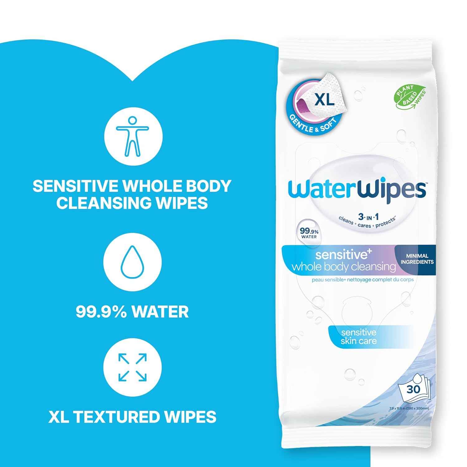WaterWipes Sensitive Whole Body Cleansing Wipes, 99.9% Purified Water, XL Textured Wipes, Incontinence Care, Fragrance Free, 720 Count