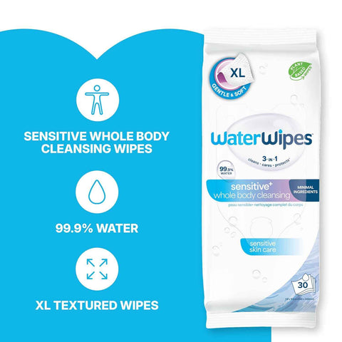 WaterWipes Sensitive Whole Body Cleansing Wipes, 99.9% Purified Water, XL Textured Wipes, Incontinence Care, Fragrance Free, 720 Count