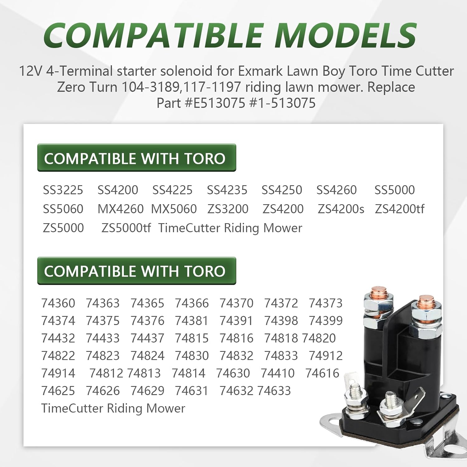 117-1197 Starter Solenoid for Toro Timecutter ss5000 z4200 ss4225 ss4235 Exmark Zero Turn Lawn Mower, Replace Part #784-1221-210 104-3189 E513075 1-513075 212655 28-4210 47-1910