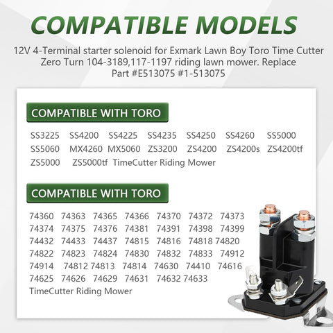 117-1197 Starter Solenoid for Toro Timecutter ss5000 z4200 ss4225 ss4235 Exmark Zero Turn Lawn Mower, Replace Part #784-1221-210 104-3189 E513075 1-513075 212655 28-4210 47-1910