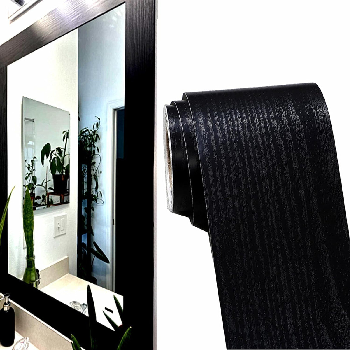 DESOMINOR 27FT Black Border Peel and Stick Black Wood Grain Wallpaper Border Removable Waterproof Bathroom Mirror Frame Sticker (Black,2Inch x 27Ft)