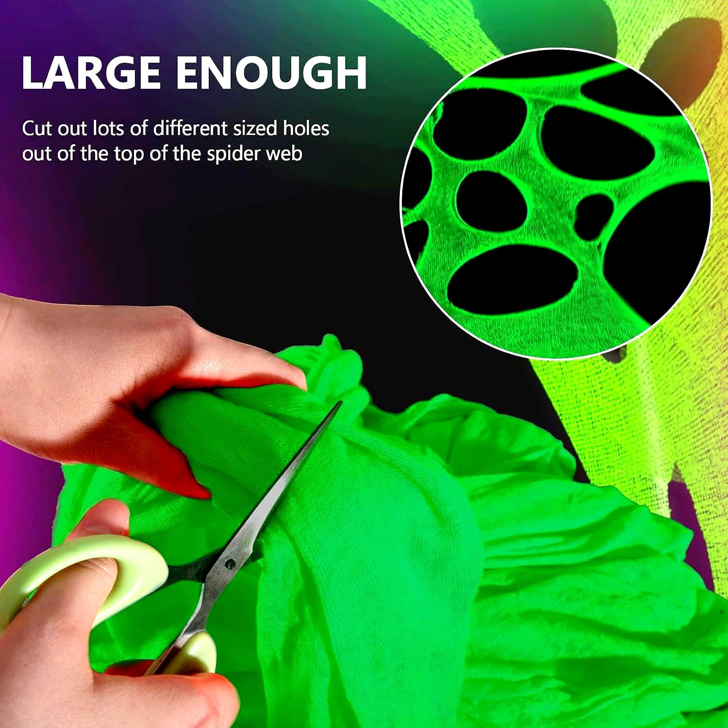Glow in The Dark Green 1000 Sqft Uncut Giant Spider Web Halloween Decorations Outdoor with 1 Black Light &10 Ground Nails Stretchy Beef Cloth Netting DIY for Yard Party