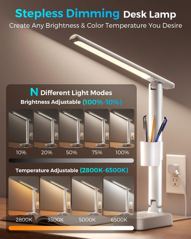 LED Desk Lamp with Power Strip, 3 AC Outlets, 4 USB Ports, Stepless Dimming